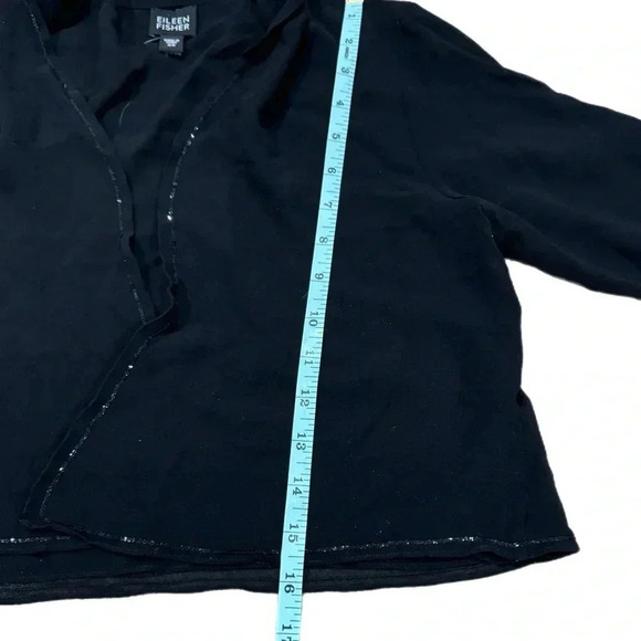 EILEEN FISHER 100% Silk Open Front Sheer Blouse Black Sequin Trim Elegant Crop - Picture 10 of 13